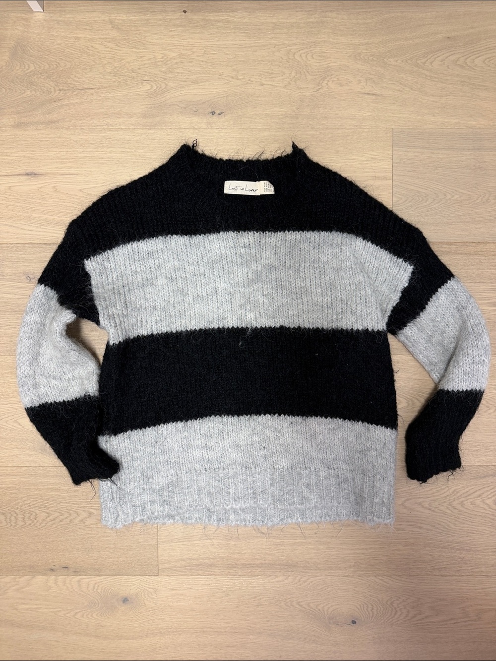 Striped Fuzzy Crewneck Sweater - Black & Gray